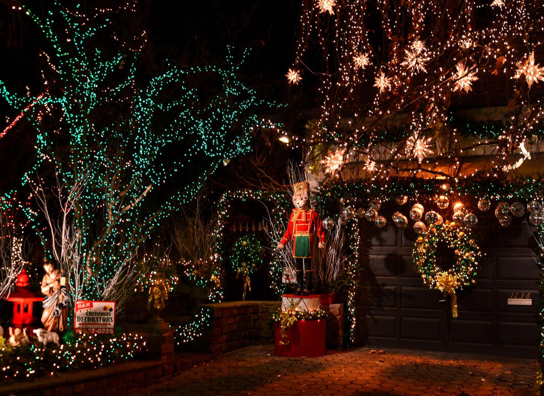 Massive over the top Christmas light displays on a residential home in Dyker Heights Brooklyn.